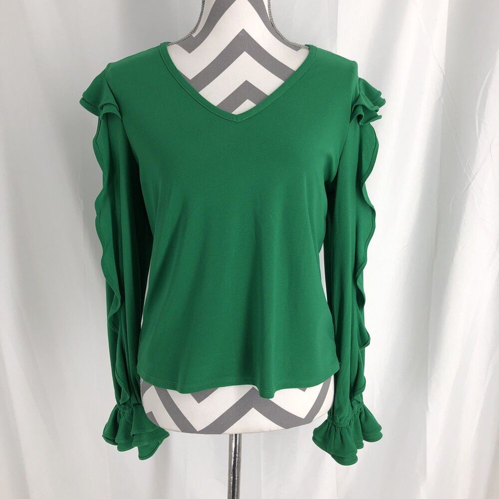 Cece Blouse Women's Small Green Long Ruffle Sleeve V Neck Career Top